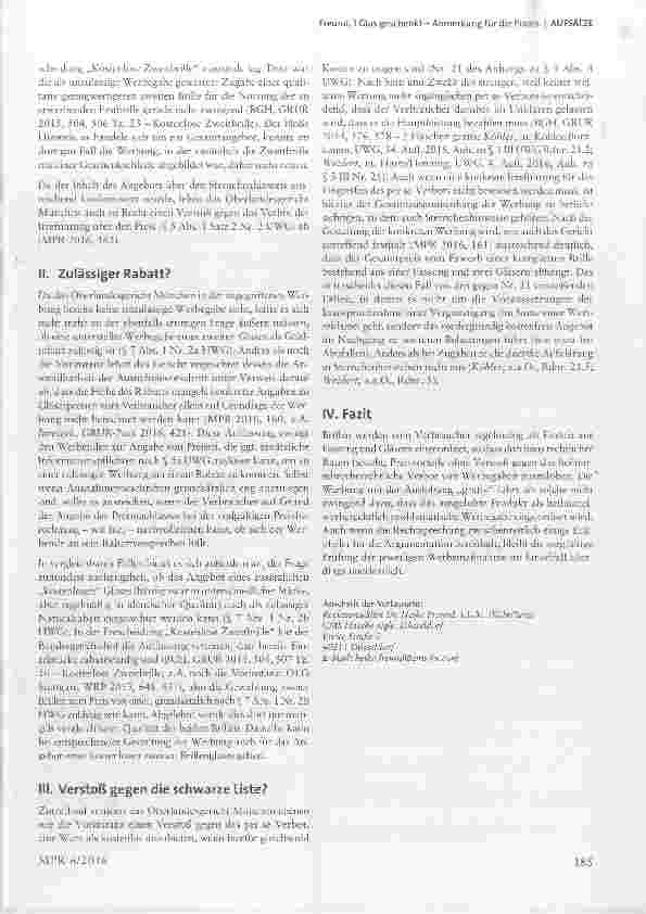Vorschauseite 2: 1 Glas geschenkt Anmerkung für die Praxis OLG München, 6. Zivilsenat, Urt. v. 16. 6. 2016 - 6 U 4300/15 = MPR 2016, 155