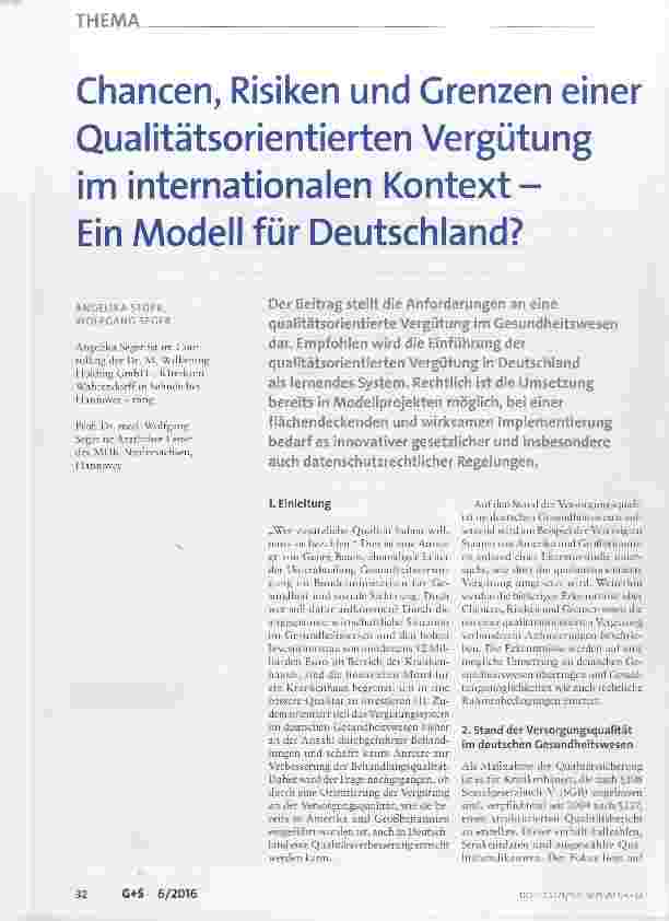 Vorschauseite 1: Chancen, Risiken und Grenzen einer Qualitätsorientierten Vergütung im internationalen Kontext Ein Modell für Deutschland?