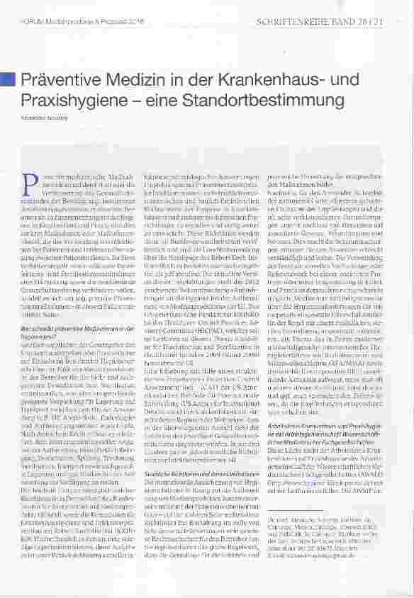 Vorschauseite 1: Präventive Medizin in der Krankenhausund Praxishygiene eine Standortbestimmung