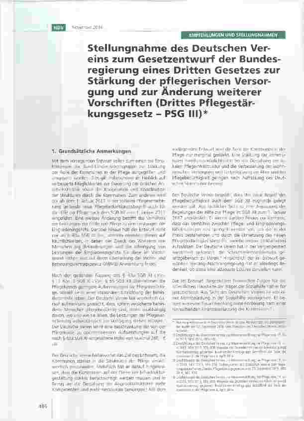 Vorschauseite 1: Stellungnahme des Deutschen Vereins zum Gesetzentwurf der Bundesregierung eines Dritten Gesetzes zur Stärkung der pflegerischen Versorgung und zur Änderung weiterer Vorschriften (…