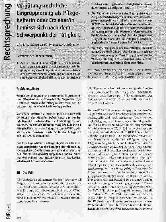 Vorschauseite 1: Vergütungsrechtliche Eingruppierung als Pflegehelferin oder Erzieher/in bemisst sich nach dem Schwerpunkt der Tätigkeit