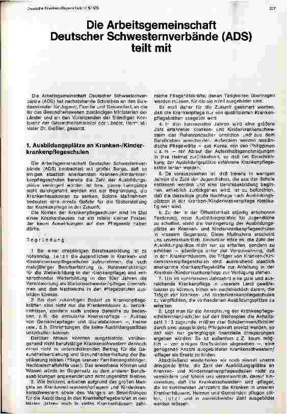 Vorschauseite 1: Die Arbeitsgemeinschaft Deutscher Schwesternverbände teilt mit: