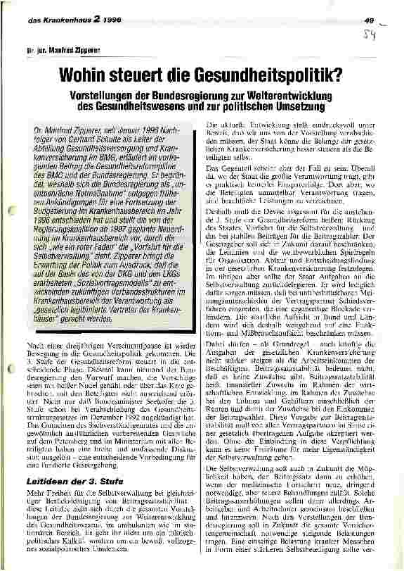 Vorschauseite 1: Wohin steuert die Gesundheitspolitik? Vorstellungen der Bundesregierung zur Weiterentwicklung des Gesundheitswesens und zur politischen Umsetzung