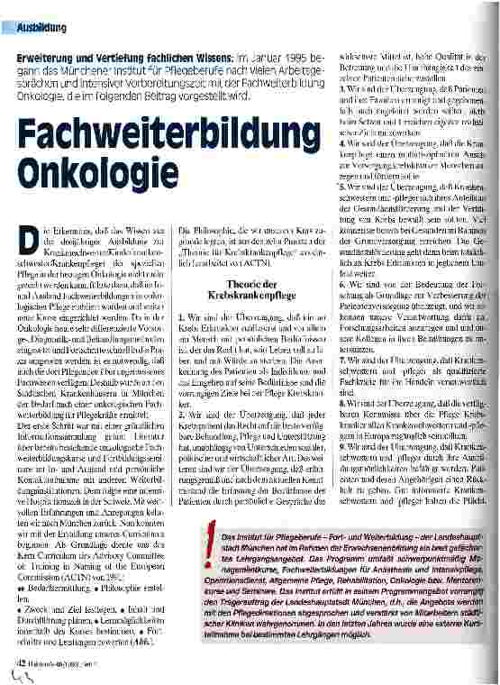 Vorschauseite 1: Fachweiterbildung Onkologie Erweiterung und Vertiefung fachlichen Wissens