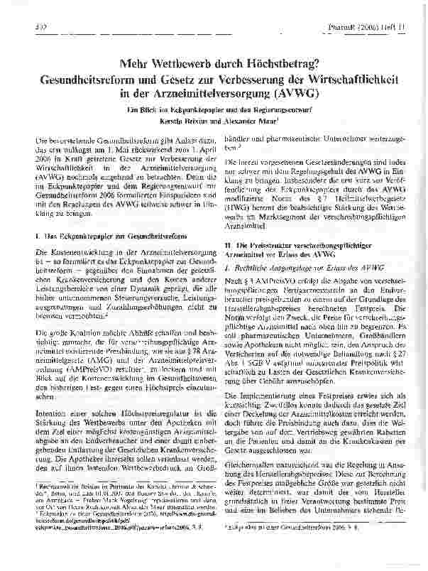 Vorschauseite 1: Mehr Wettbewerb durch Höchstbetrag?Gesundheitsreform und Gesetz zur Verbesserung der Wirtschaftlichkeit in der Arzneimittelversorgung (AVWG)