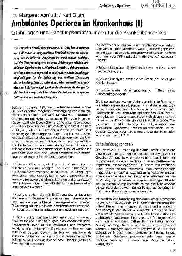 Vorschauseite 1: Ambulantes Operieren im Krankenhaus (I) Erfahrungen und Handlungsempfehlungen für die Krankenhauspraxis