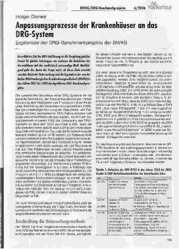 Vorschauseite 1: Anpassungsprozesse der Krankenhäuser an das DRG-System - Ergebnisse der DRG-Benchmarkprojekte der BWKG