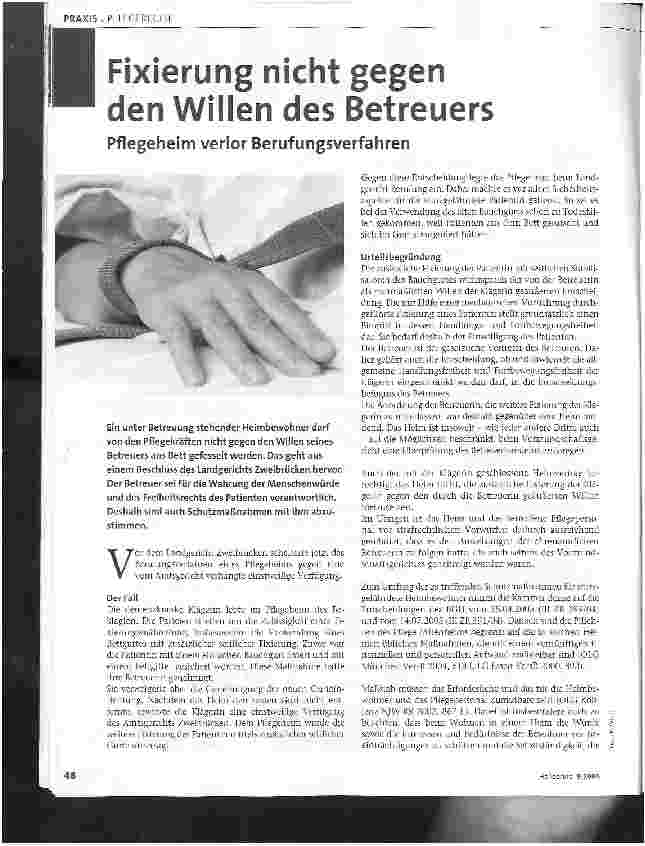 Vorschauseite 1: Fixierung nicht gegen den Willen des BetreuersPflegeheim verlor Berufungsverfahren