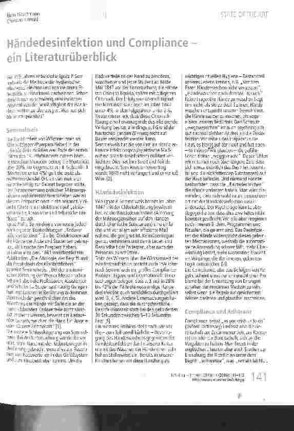 Vorschauseite 1: Händedesinfektion und Compliance -ein Literaturüberblick