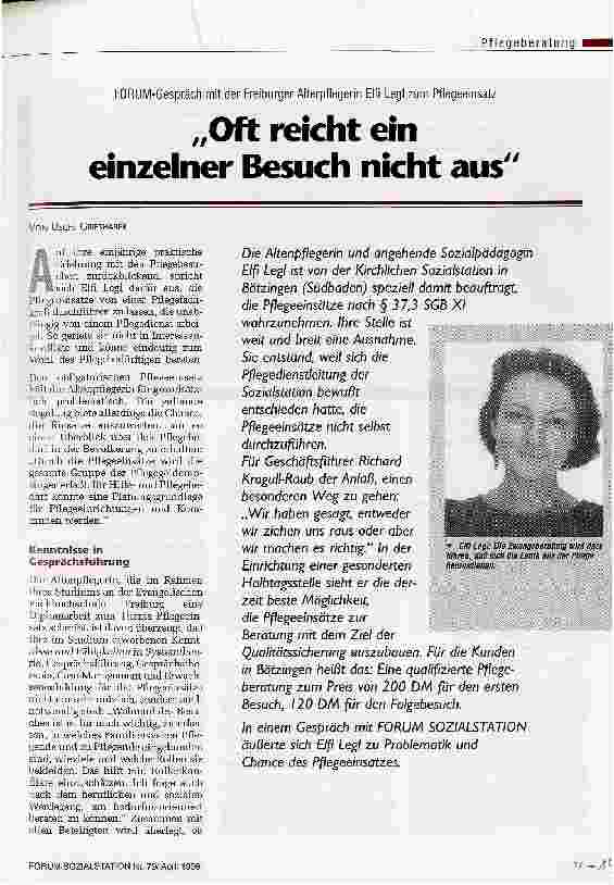 Vorschauseite 1: Oft reicht ein einzelner Besuch nicht aus Forum-Gespräch mit der Freiburger Altenpflegerin Elfi Legl zum Pflegeeinsatz