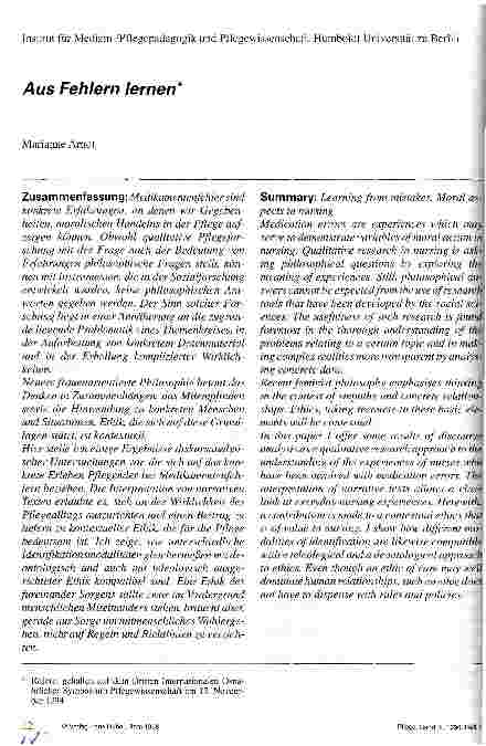 Vorschauseite 1: Aus Fehlern lernen Referat, gehalten auf dem Dritten Internationalen Osnabrücker Symposium Pflegwissenschaft am 17.11.94