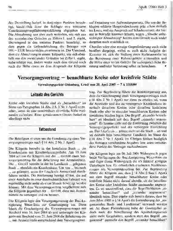 Vorschauseite 1: Versorgungsvertrag - benachbarte Kreise oder kreisfreie Städte Verwaltungsgericht Oldenburg, Urteil vom 20. April 2005 - 7 A 3318/04