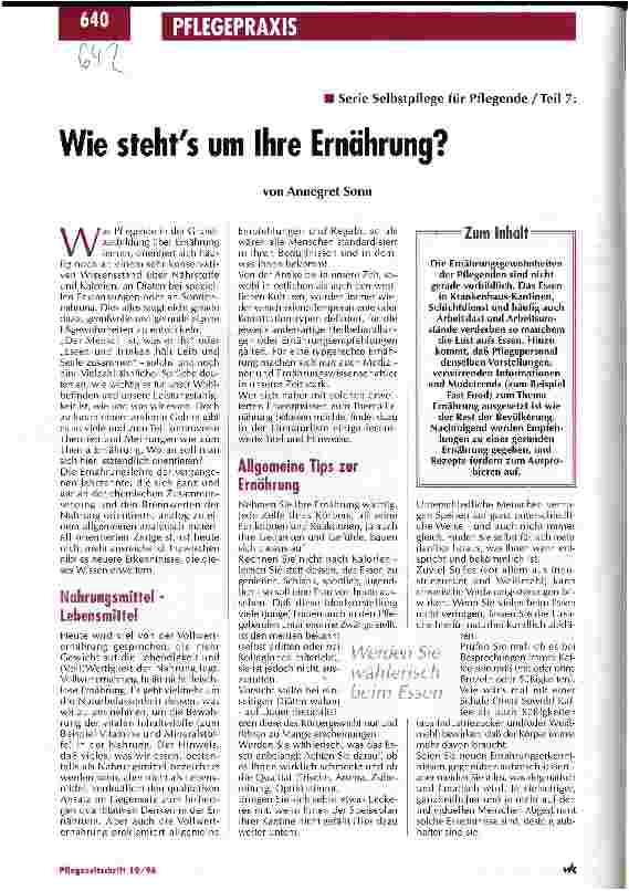 Vorschauseite 1: Wie stehts um Ihre Ernährung? Serie Selbstpflege für Pflegende / Teil 7