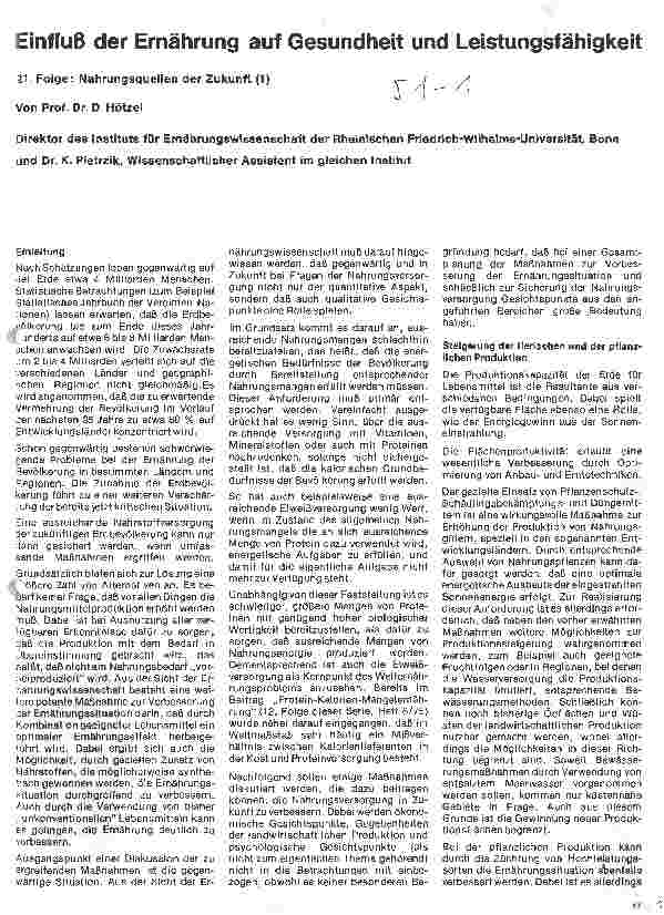 Vorschauseite 1: Einfluß der Ernährung auf Gesundheit und Leistungsfähigkeit 21. Folge: Nahrungsquellen der Zukunft (I)