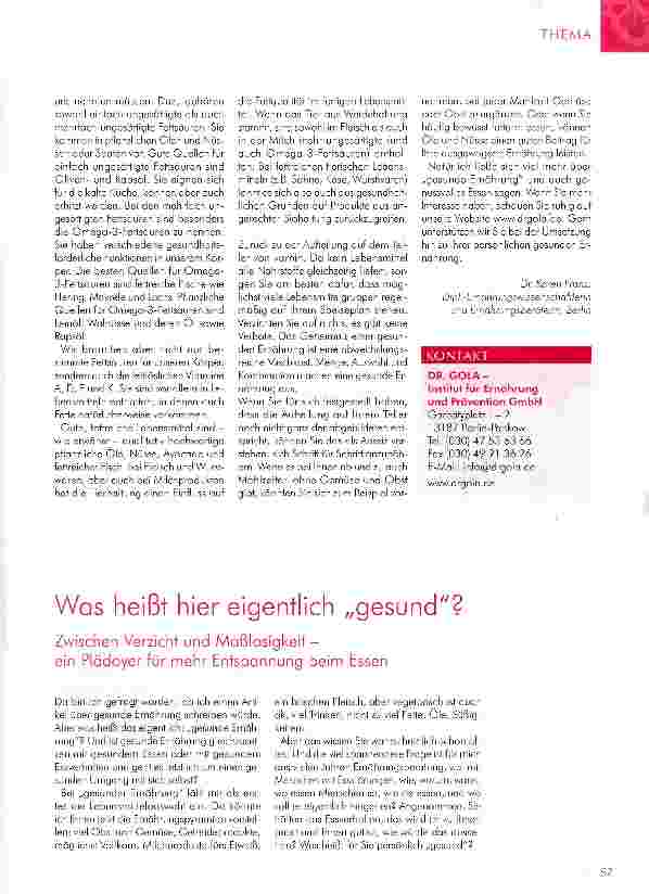 Vorschauseite 1: Was heißt hier eigentlich „gesund? Zwischen Verzicht und Maßlosigkeit - ein Plädoyer für mehr Entspannung beim Essen
