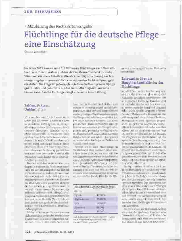 Vorschauseite 1: Flüchtlinge für die deutsche Pflege eine Einschätzung
