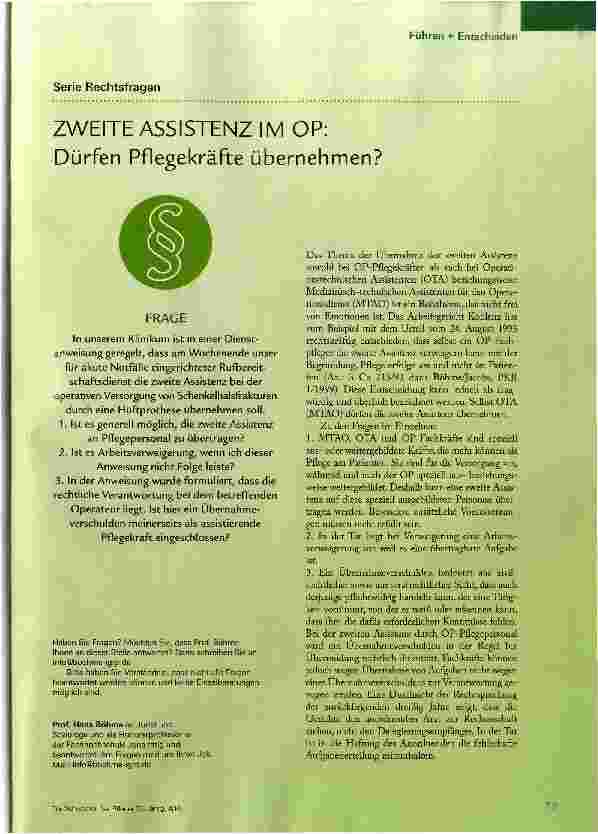 Vorschauseite 1: ZWEITE ASSISTENZ IM OP: Dürfen Pflegekräfte übernehmen?