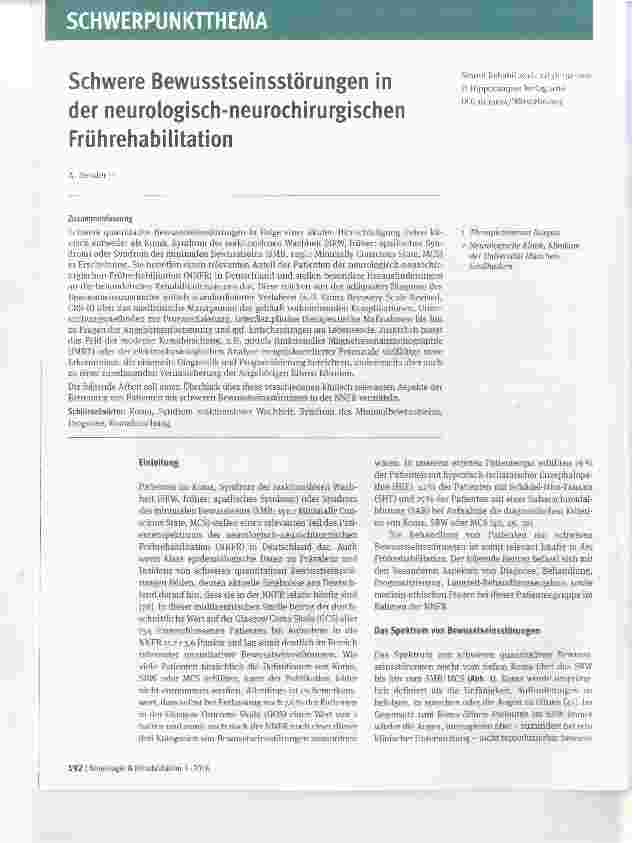 Vorschauseite 1: Schwere Bewusstseinsstörungen in der neurologisch-neurochirurgischen Frührehabilitation