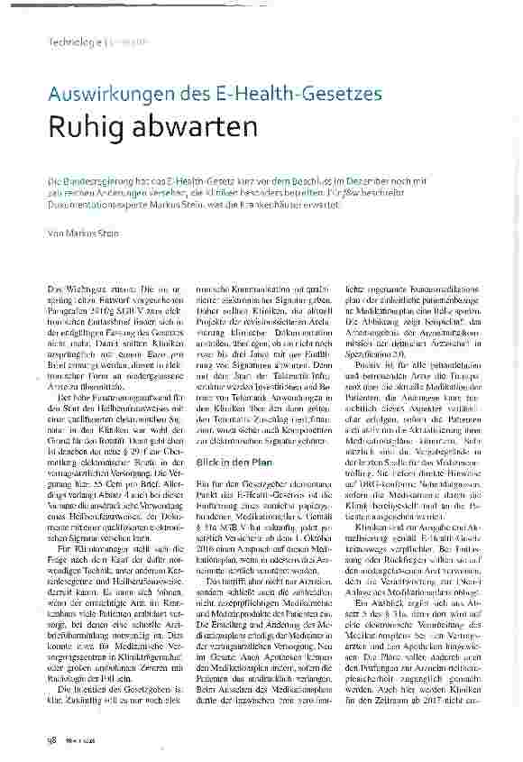 Vorschauseite 1: Auswirkungen des E-Health-Gesetzes Ruhig abwarten