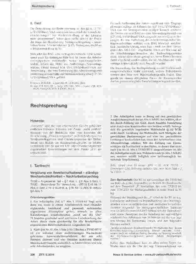 Vorschauseite 1: Vergütung von Bereitschaftsdienst - ständige Wechselschichtarbeit - Nachtarbeitszuschlag