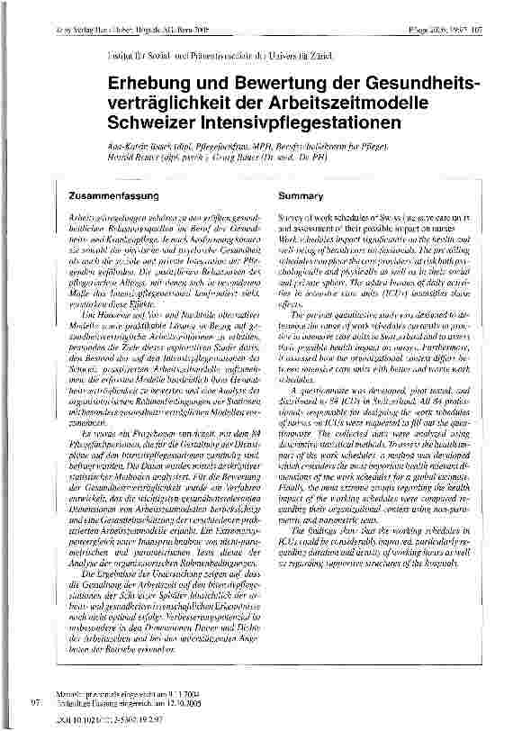 Vorschauseite 1: Erhebung und Bewertung der Gesundheitsverträglichkeit der Arbeitszeitmodelle Schweizer Intensivpflegestationen
