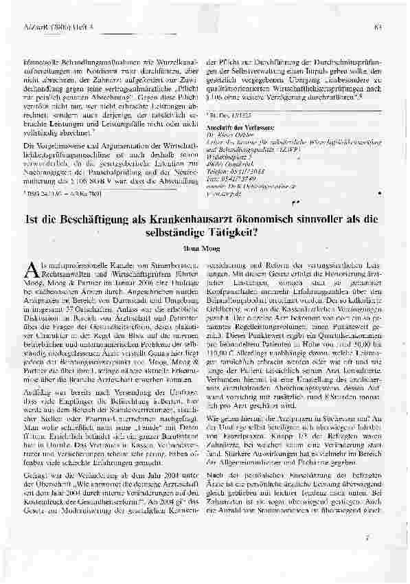 Vorschauseite 1: Ist die Beschäftigung als Krankenhausarzt ökonomisch sinnvoller als die selbständige Tätigkeit?