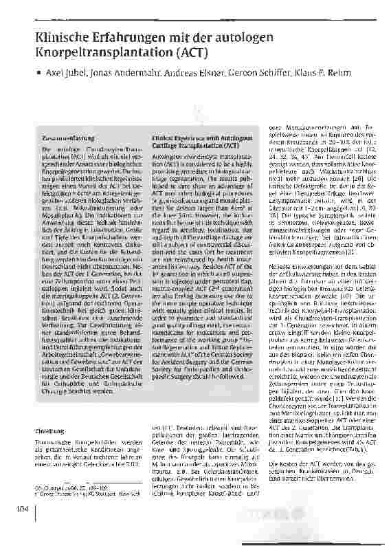 Vorschauseite 1: Klinische Erfahrungen mit der autologen Knorpeltransplantation (ACT)