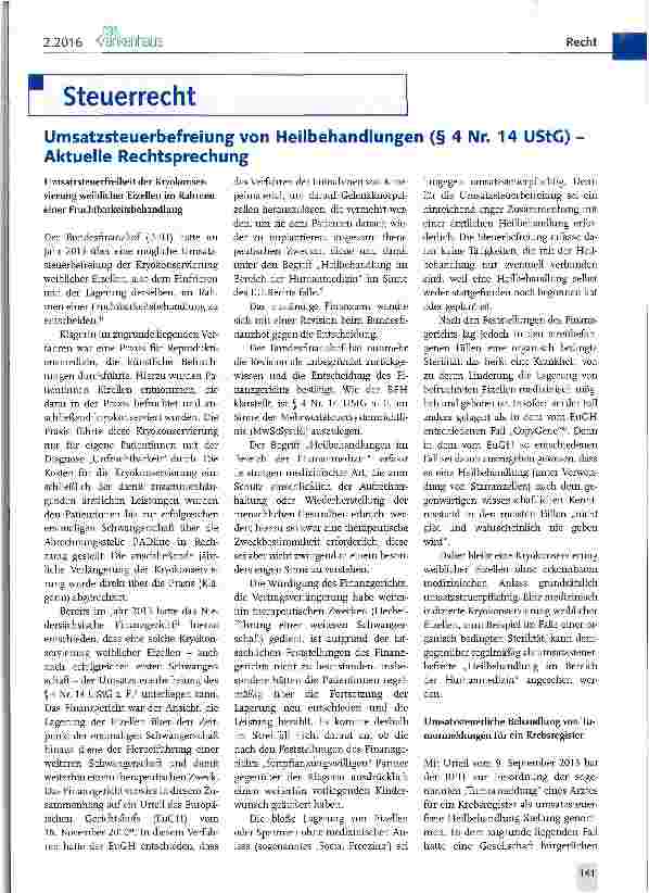 Vorschauseite 1: Umsatzsteuerbefreiung von Heilbehandlungen (§ 4 Nr. 14 UStG) -Aktuelle Rechtsprechung