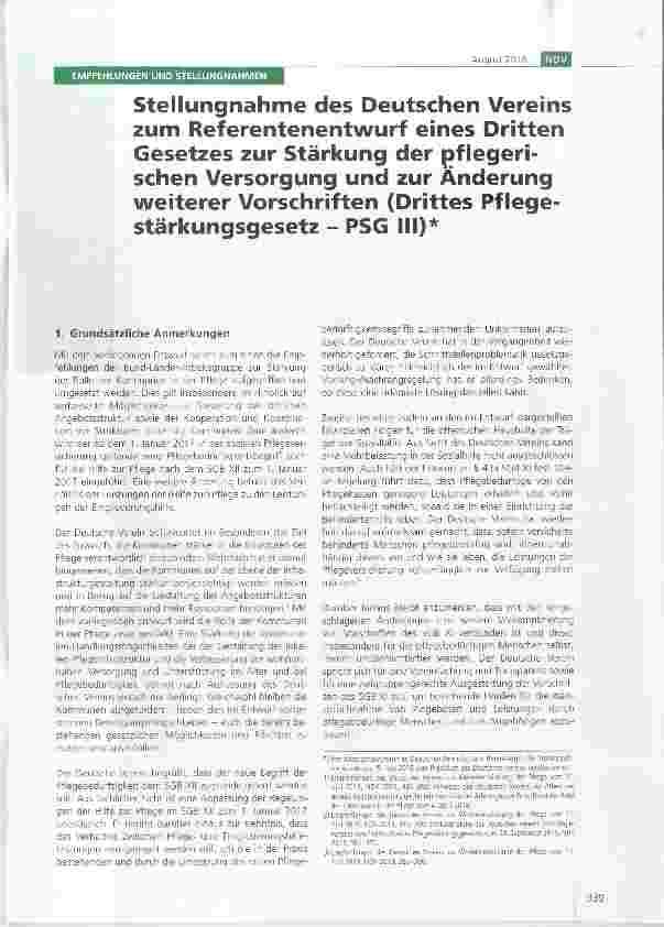 Vorschauseite 1: Stellungnahme des Deutschen Vereins zum Referentenentwurf eines Dritten Gesetzes zur Stärkung der pflegerischen Versorgung und zur Änderung weiterer Vorschriften (Drittes Pflegest…