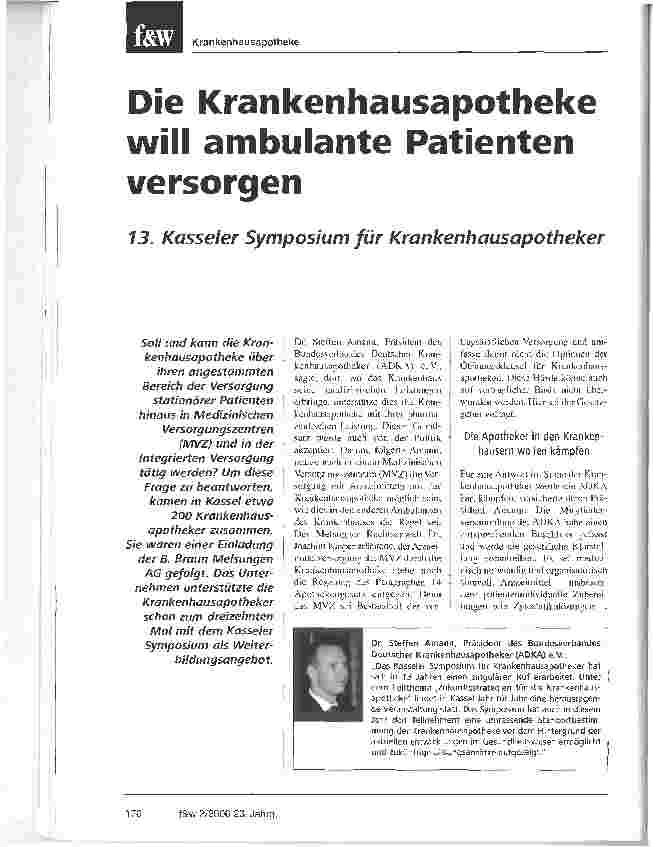 Vorschauseite 1: Die Krankenhausapotheke will ambulante Patienten versorgen13. Kasseler Symposium für Krankenhausapotheker