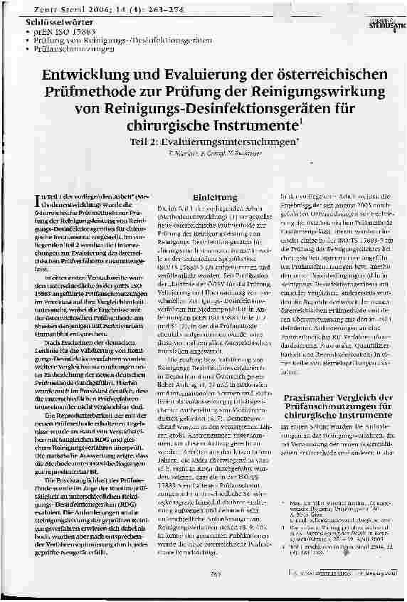 Vorschauseite 1: Entwicklung und Evaluierung der österreichischenPrüfmethode zur Prüfung der Reinigungswirkungvon Reinigungs-Desinfektionsgeräten für chirurgische Instrumente1, Teil 2