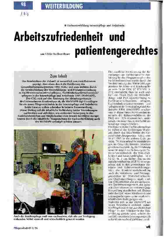 Vorschauseite 1: Arbeitszufriedenheit und patientengerechtes Arbeiten sind garantiert Fachweiterbildung Intensivpflege und Anästhesie