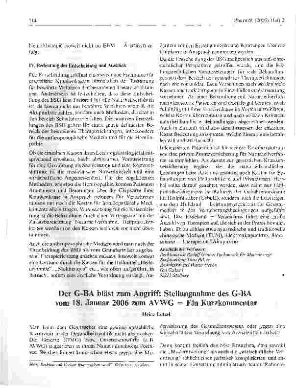 Vorschauseite 1: Der G-BA bläst zum Angriff: Stellungnahme des G-BA vom 18. Januar 2006 zum AVWG - Ein Kurzkommentar