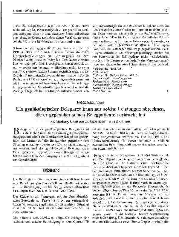 Vorschauseite 1: Ein gynäkologischer Belegarzt kann nur solche Leistungen abrechnen, die er gegenüber seinen Belegpatienten erbracht hat