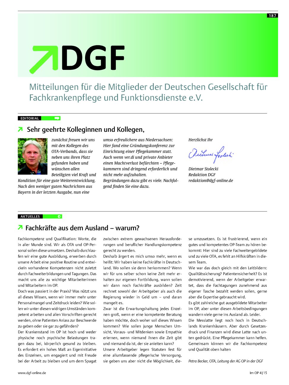 Vorschauseite 1: Mitteilungen für die Mitglieder der Deutschen Gesellschaft für Fachkrankenpflege und Funktionsdienste e.V.