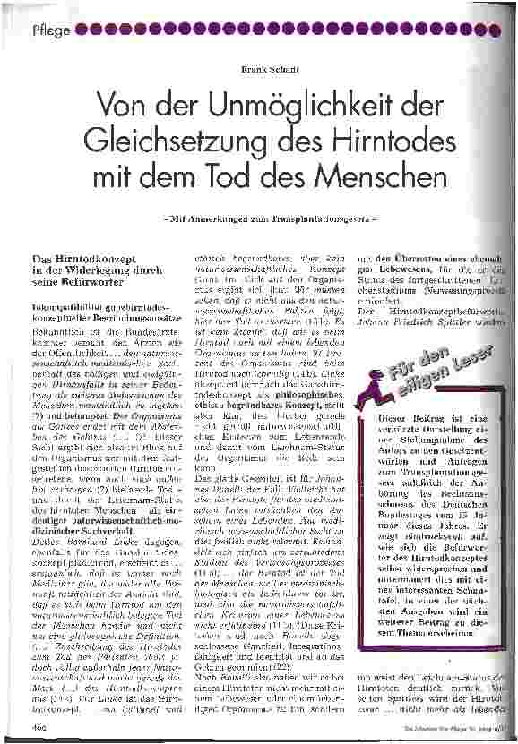 Vorschauseite 1: Von der Unmöglichkeit der Gleichsetzung des Hirntodes mit dem Tod des Menschen Mit Anmerkungen zum Transplantationsgesetz