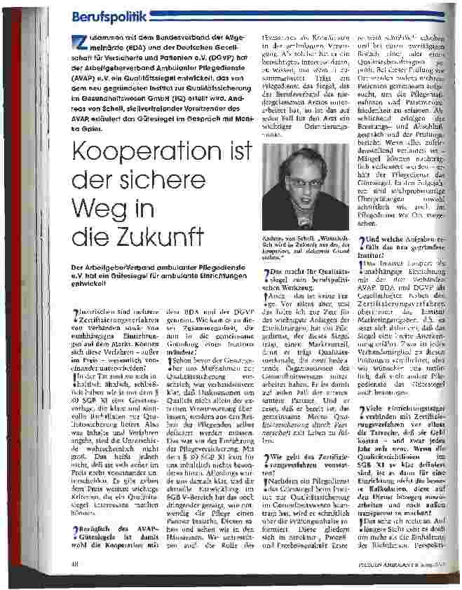 Vorschauseite 1: Kooperation ist der sichere Weg in die Zukunft Der ArbeitgeberVerband ambulanter Pflegedienste e. V. hat ein Gütesiegel für ambulante Einrichtungen entwickelt
