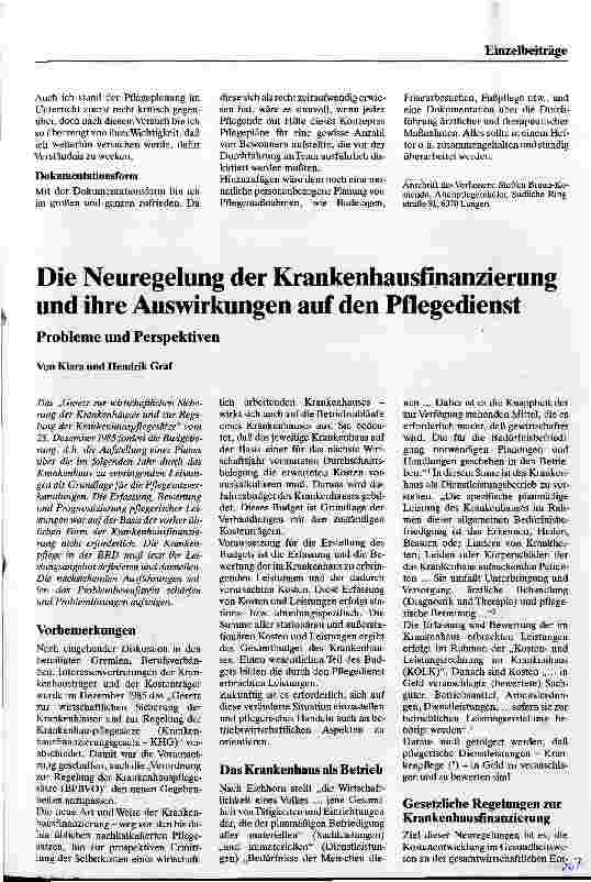 Vorschauseite 1: Die Neureglung der Krankenhausfinanzierung und ihre Auswirkungen auf den Pflegedienst /// Probleme und Perspektiven