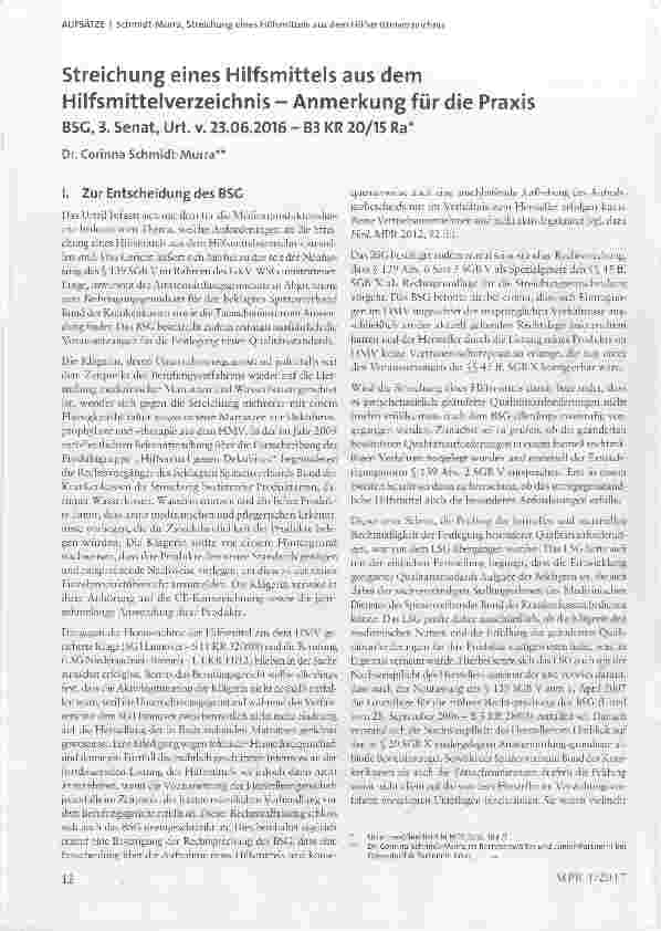 Vorschauseite 1: Streichung eines Hilfsmittels aus dem Hilfsmittelverzeichnis - Anmerkung für die PraxisBSG, 3. Senat, Urt. v. 23.06.2016 - B3 KR 20/15 Ra*