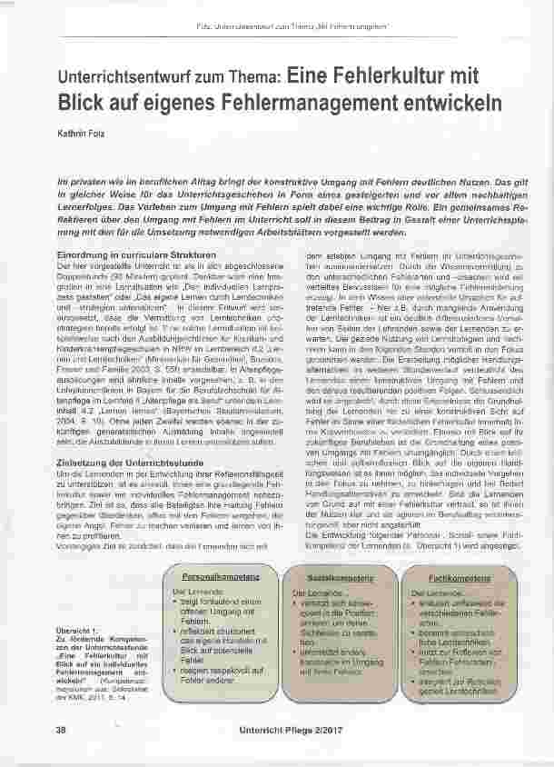 Vorschauseite 1: Unterrichtsentwurf zum Thema: Eine Fehlerkultur mit Blick auf eigenes Fehlermanagement entwickeln