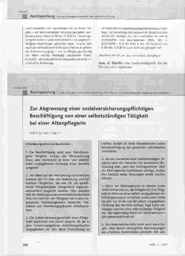 Vorschauseite 1: Zur Abgrenzung einer sozialversicherungspflichtigen Beschäftigung von einer selbstständigen Tätigkeit bei einer Altenpflegerin