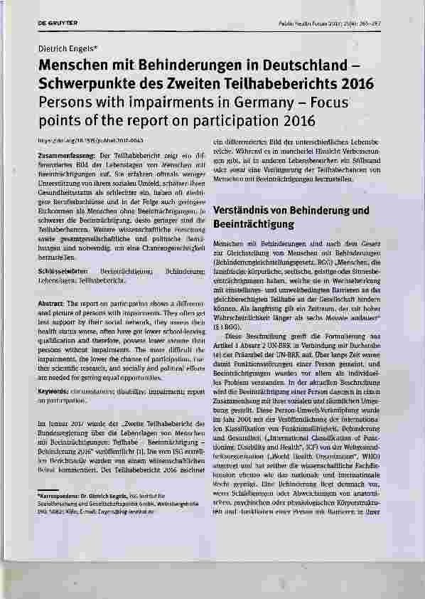 Vorschauseite 1: Menschen mit Behinderungen in Deutschland Schwerpunkte des Zweiten Teilhabeberichts 2016