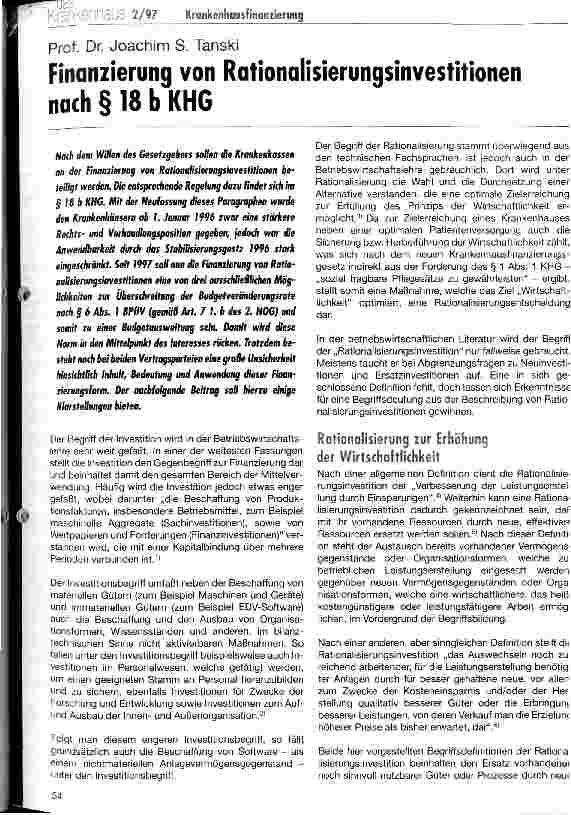 Vorschauseite 1: Finanzierung von Rationalisierungsinvestitionen nach § 18 b KHG