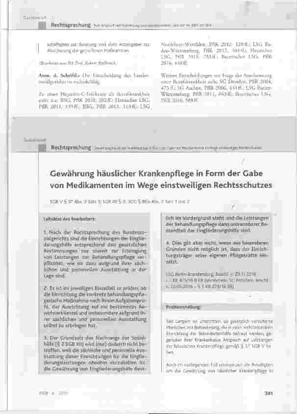 Vorschauseite 1: Gewährung häuslicher Krankenpflege in Form der Gabe von Medikamenten im Wege einstweiligen Rechtsschutzes