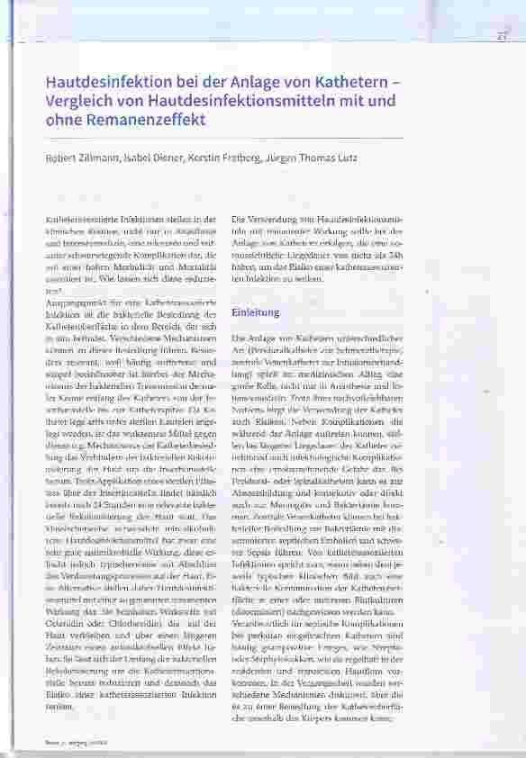 Vorschauseite 1: Hautdesinfektion bei der Anlage von Kathetern Vergleich von Hautdesinfektionsmitteln mit und ohne Remanenzeffekt