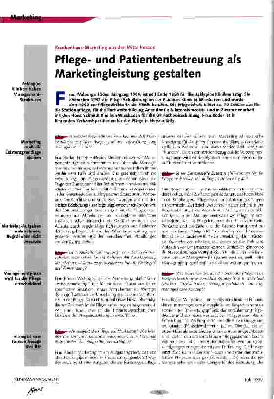 Vorschauseite 1: Pflegeund Patientenbetreuung als Marketingleistung gestalten Krankenhaus-Marketing aus der Mitte heraus