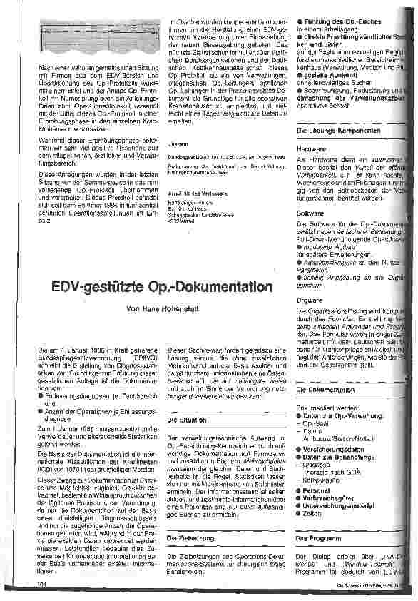 Vorschauseite 3: Elektronische Datenverarbeitung in der Krankenpflege 11. Folge EDV im Operationsdienst