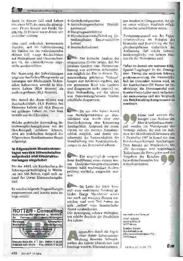 Vorschauseite 3: f&w-Krankenhaus-Kompaß-Spezial Laborauswertungen ermöglichen Standortbestimmung und legen Schwachstellen offen