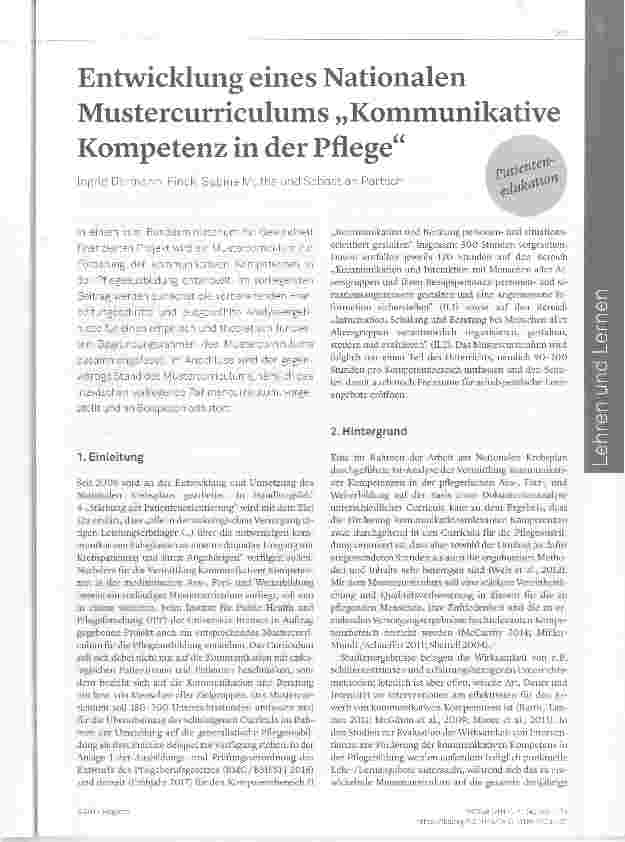 Vorschauseite 1: Entwicklung eines Nationalen Mustercurriculums „Kommunikative Kompetenz in der Pflege“