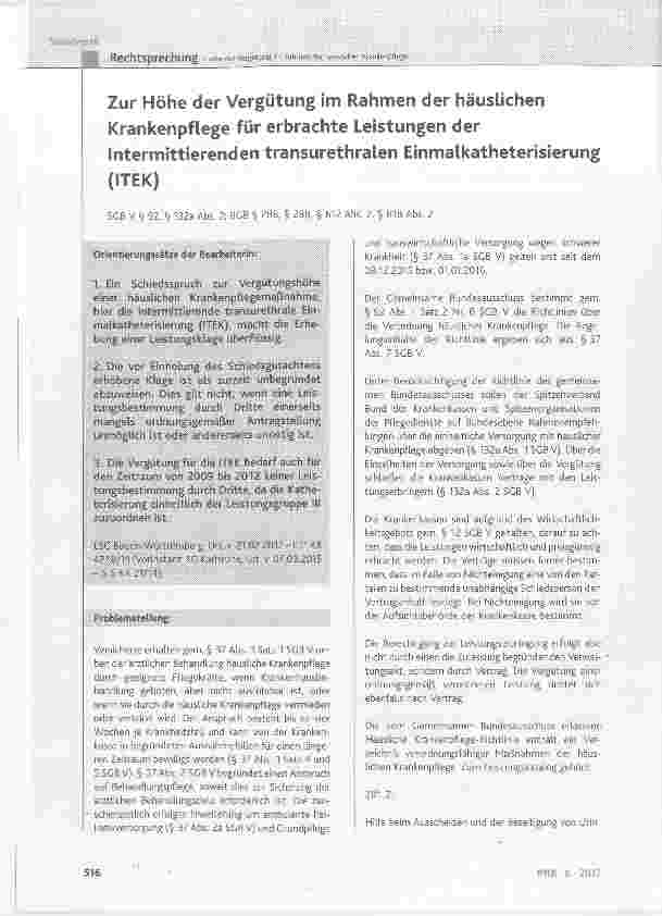 Vorschauseite 1: Zur Höhe der Vergütung im Rahmen der häuslichen Krankenpflege für erbrachte Leistungen der Intermittierenden transurethralen Einmalkatheterisierung